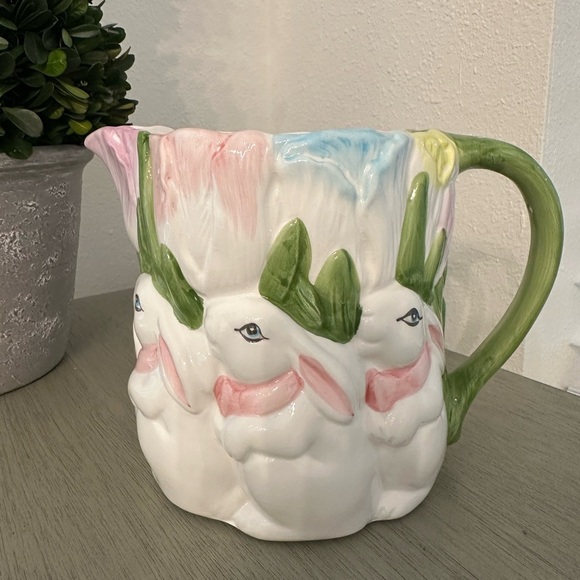 Vintage Mervyn’s Ceramic Easter Bunny or Rabbit & Tulips Pitcher - Picture 1 of 4